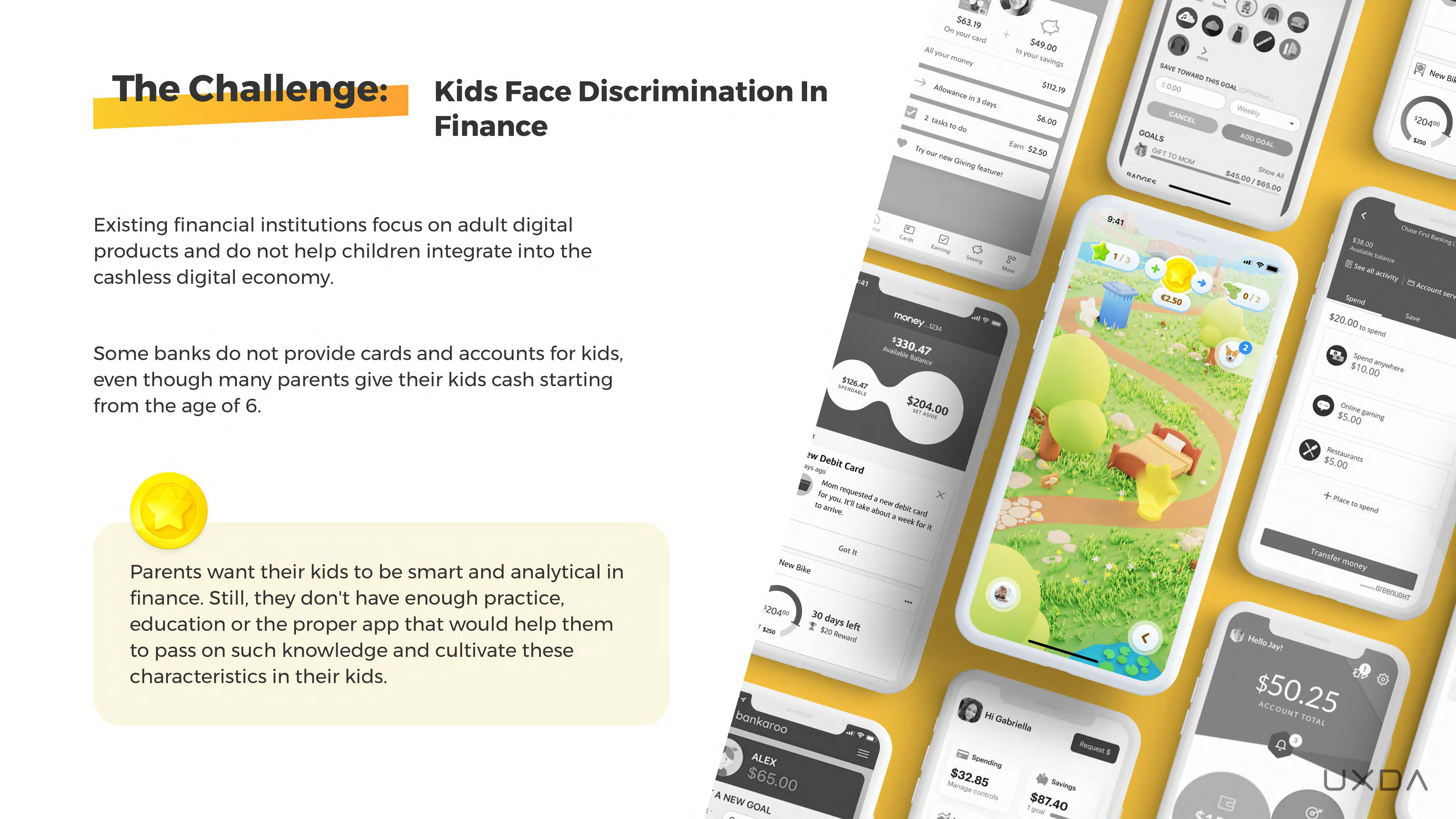 UXDA UX Design Kids Banking App Teach Save Money Future Challenge discrimination