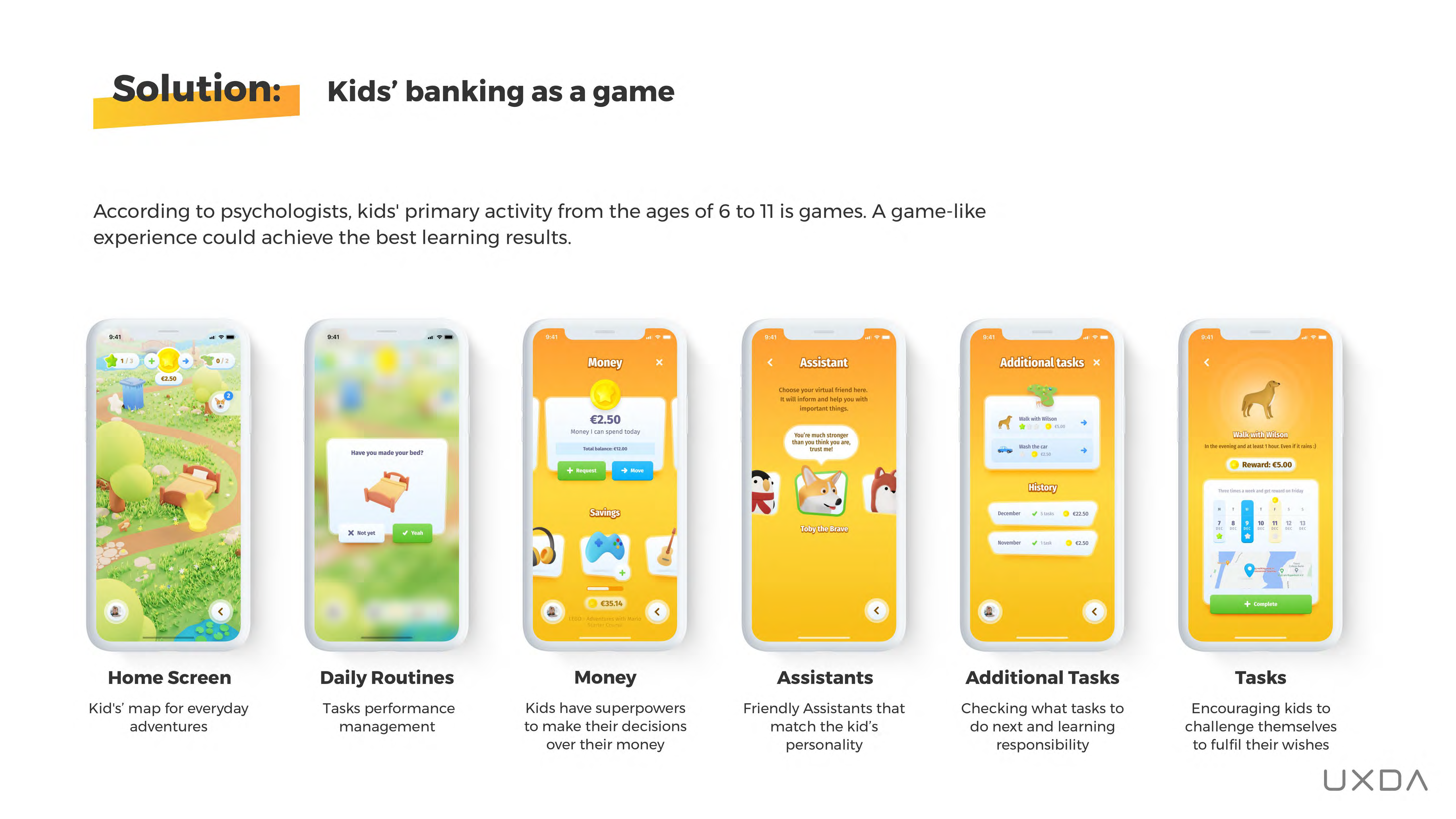 UXDA UX Design Kids Banking App Teach Save Money Future solution gamification elements