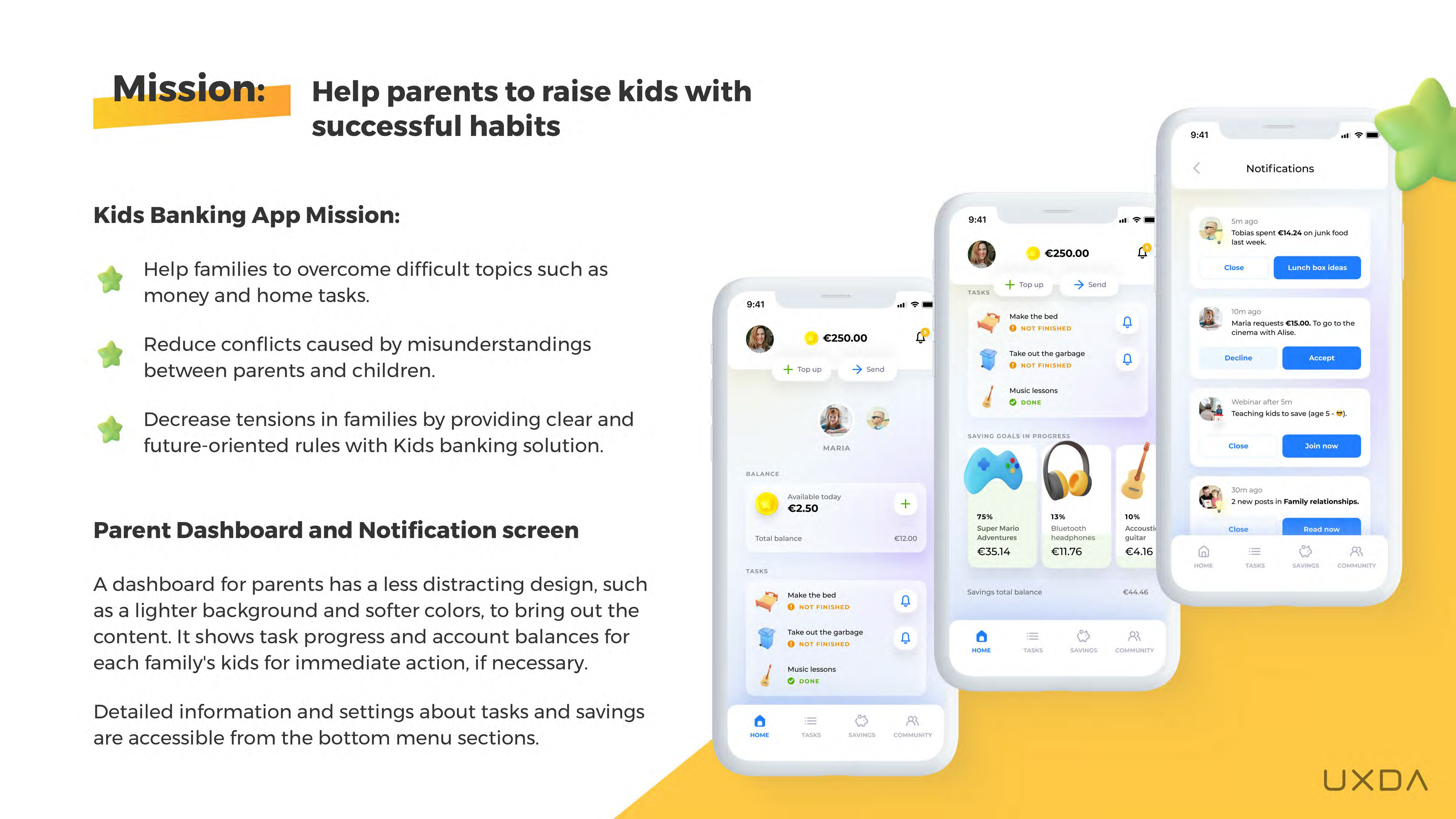 UXDA UX Design Kids Banking App Teach Save Money Future mission help parents 